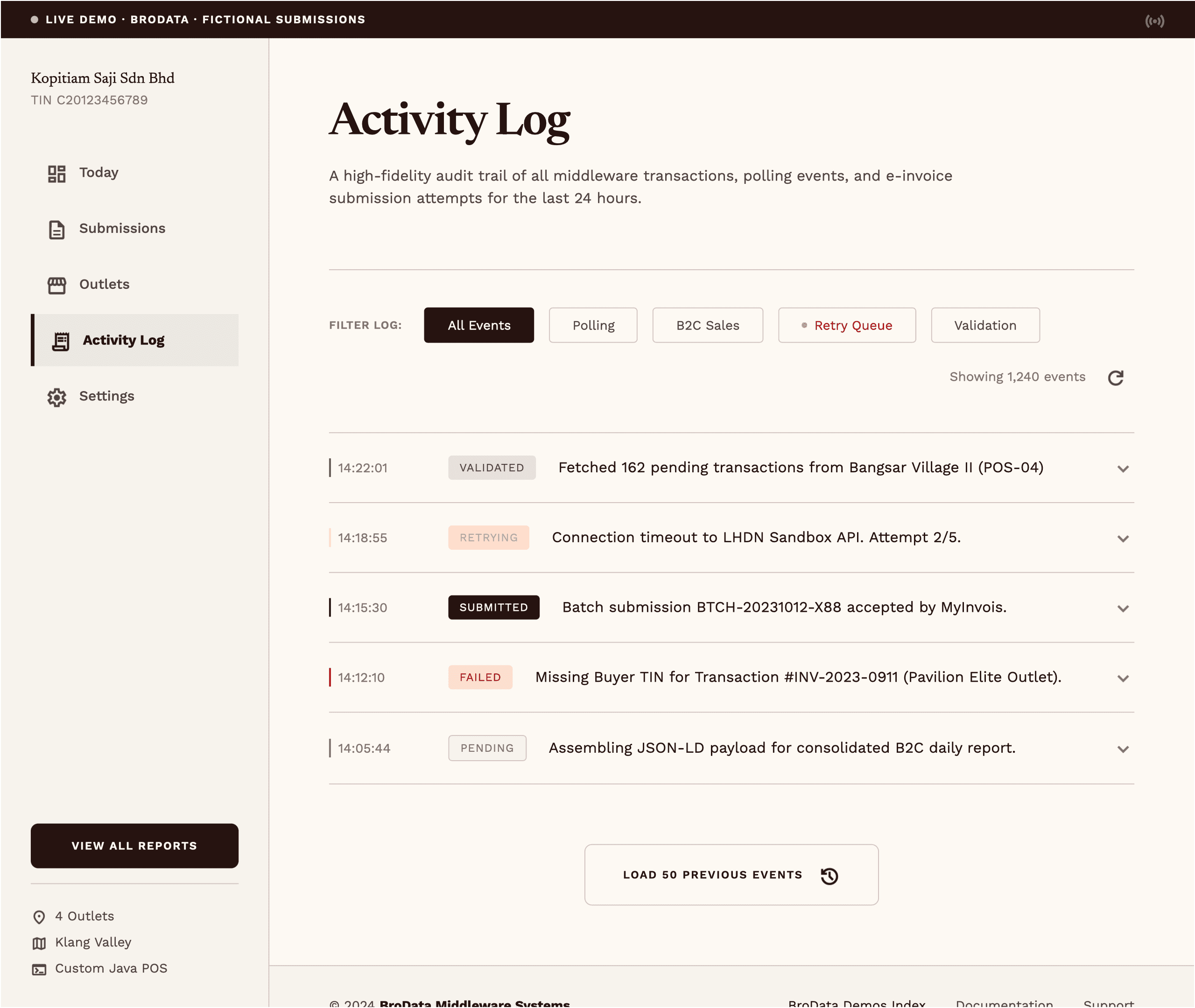 Activity log showing system events and webhook callbacks