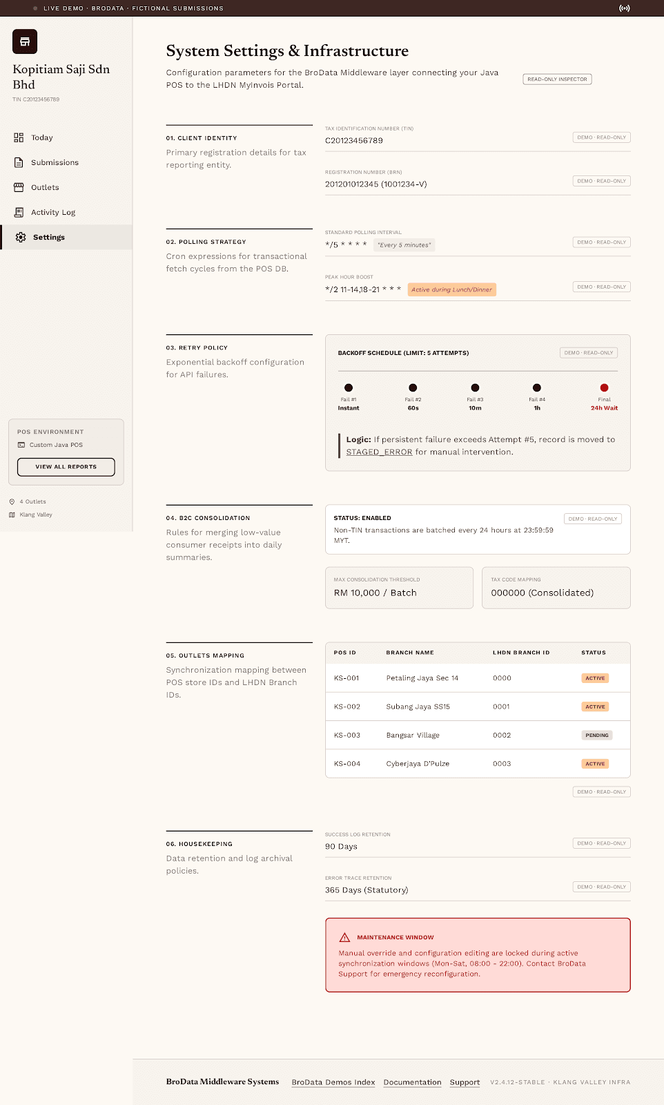 Settings page for outlets, TINs, and submission cadence