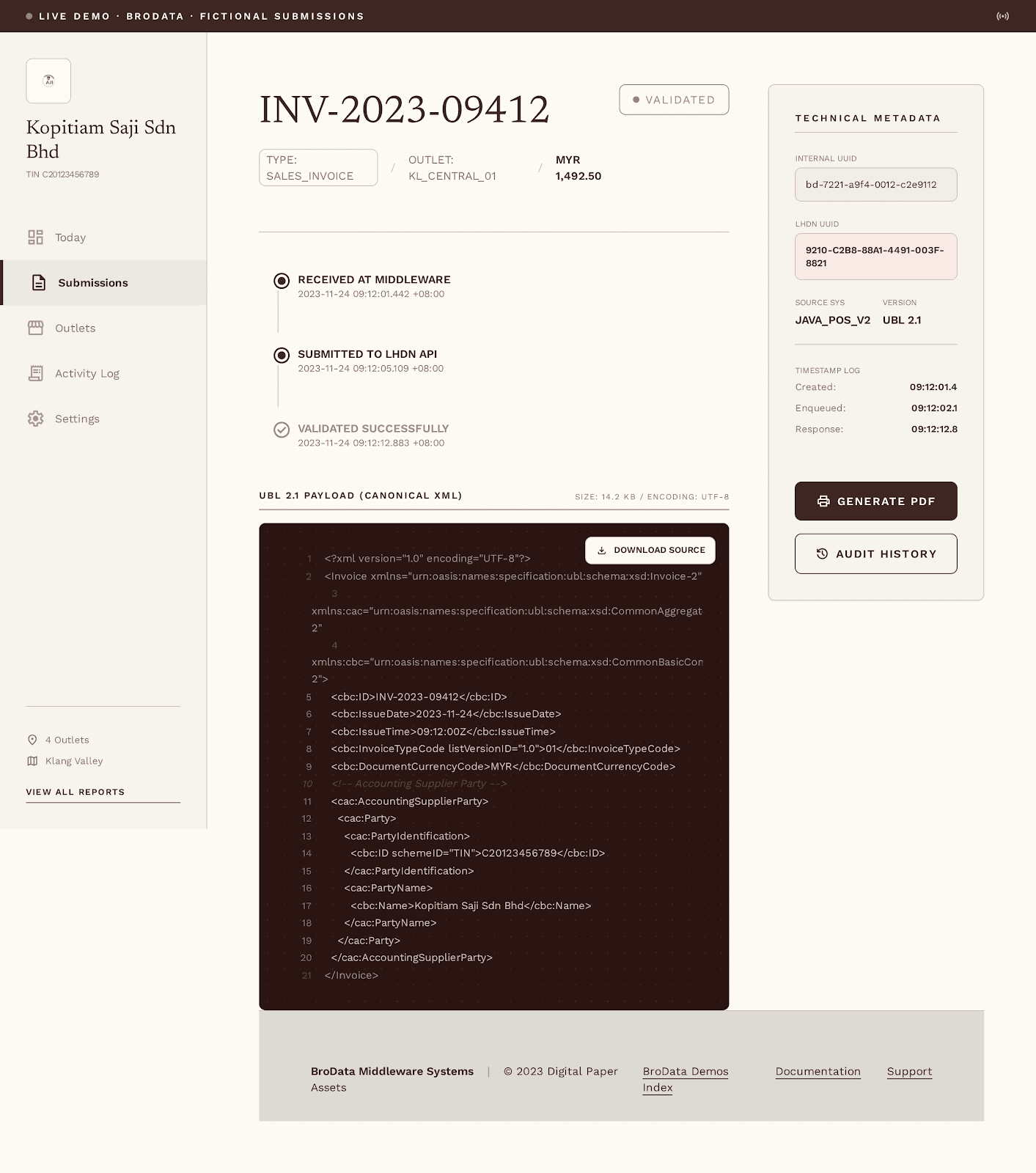 Single submission detail with payload, LHDN response, and timeline